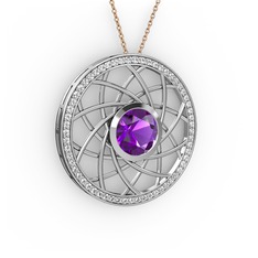 Ametist ve swarovski 18 ayar beyaz altın kolye (40 cm rose altın rolo zincir)