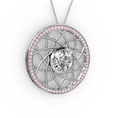 Swarovski ve pembe kuvars 925 ayar gümüş kolye (40 cm beyaz altın rolo zincir)