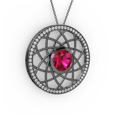 Rodolit garnet ve swarovski 925 ayar siyah rodyum kaplama gümüş kolye (40 cm gümüş rolo zincir)