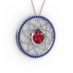 Garnet ve lab safir 925 ayar gümüş kolye (40 cm rose altın rolo zincir)