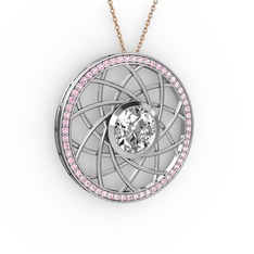 Swarovski ve pembe kuvars 925 ayar gümüş kolye (40 cm rose altın rolo zincir)