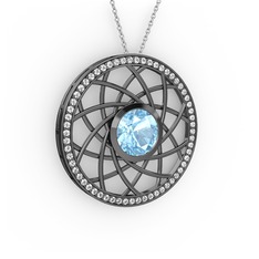 Vanida Kolye - Akuamarin ve pırlanta 925 ayar siyah rodyum kaplama gümüş kolye (0.66 karat, 40 cm beyaz altın rolo zincir) #lmhtnu