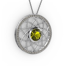 Peridot ve dumanlı kuvars 18 ayar beyaz altın kolye (40 cm gümüş rolo zincir)
