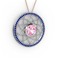 Pembe kuvars ve lab safir 925 ayar gümüş kolye (40 cm rose altın rolo zincir)