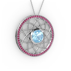 Akuamarin ve rodolit garnet 14 ayar beyaz altın kolye (40 cm beyaz altın rolo zincir)