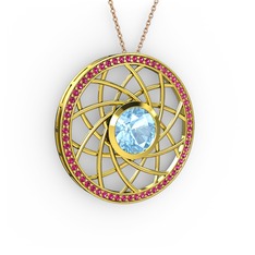 Akuamarin ve rodolit garnet 8 ayar altın kolye (40 cm rose altın rolo zincir)