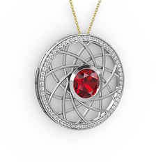 Garnet ve pırlanta 8 ayar beyaz altın kolye (0.66 karat, 40 cm altın rolo zincir)