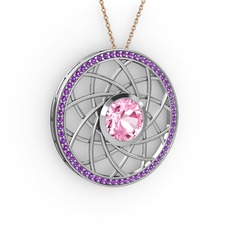 Pembe kuvars ve ametist 925 ayar gümüş kolye (40 cm rose altın rolo zincir)