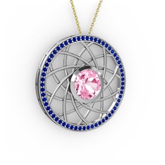 Pembe kuvars ve lab safir 8 ayar beyaz altın kolye (40 cm altın rolo zincir)