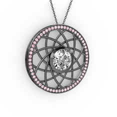 Vanida Kolye - Swarovski ve pembe kuvars 925 ayar siyah rodyum kaplama gümüş kolye (40 cm gümüş rolo zincir) #r9e9ti