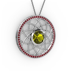 Peridot ve garnet 8 ayar beyaz altın kolye (40 cm gümüş rolo zincir)