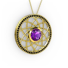 Ametist ve siyah zirkon 14 ayar altın kolye (40 cm gümüş rolo zincir)