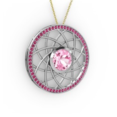 Pembe kuvars ve rodolit garnet 14 ayar beyaz altın kolye (40 cm gümüş rolo zincir)