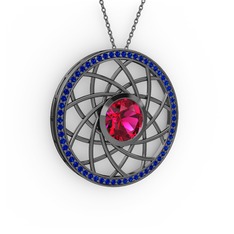 Rodolit garnet ve lab safir 925 ayar siyah rodyum kaplama gümüş kolye (40 cm gümüş rolo zincir)