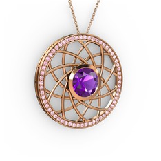 Ametist ve pembe kuvars 8 ayar rose altın kolye (40 cm gümüş rolo zincir)