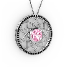 Pembe kuvars ve siyah zirkon 8 ayar beyaz altın kolye (40 cm gümüş rolo zincir)