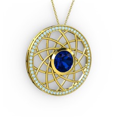 Lab safir ve akuamarin 18 ayar altın kolye (40 cm altın rolo zincir)