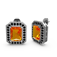 Esinti Dikdörtgen Küpe - Sitrin ve siyah zirkon 14 ayar beyaz altın küpe #13wji9i