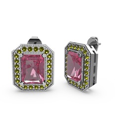 Pembe kuvars ve peridot 18 ayar beyaz altın küpe