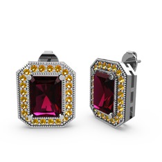 Esinti Dikdörtgen Küpe - Rodolit garnet ve sitrin 18 ayar beyaz altın küpe #1689s38