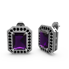 Esinti Dikdörtgen Küpe - Ametist ve siyah zirkon 14 ayar beyaz altın küpe #18aks6v