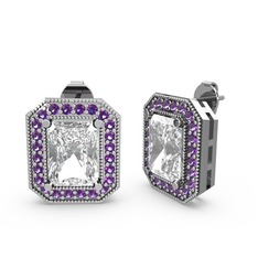 Esinti Dikdörtgen Küpe - Swarovski ve ametist 18 ayar beyaz altın küpe #1aja6p7