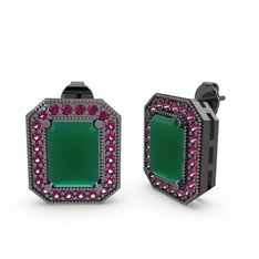 Esinti Dikdörtgen Küpe - Kök zümrüt ve rodolit garnet 925 ayar siyah rodyum kaplama gümüş küpe #1egj4d1