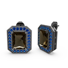 Dumanlı kuvars ve lab safir 925 ayar siyah rodyum kaplama gümüş küpe