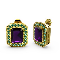 Esinti Dikdörtgen Küpe - Ametist ve yeşil kuvars 8 ayar altın küpe #1hzyvb5