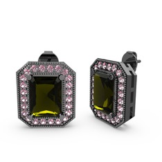Esinti Dikdörtgen Küpe - Peridot ve pembe kuvars 925 ayar siyah rodyum kaplama gümüş küpe #1k0c49u