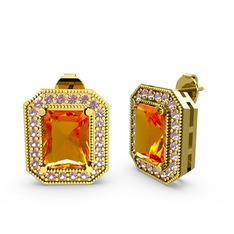 Esinti Dikdörtgen Küpe - Sitrin ve pembe kuvars 14 ayar altın küpe #1k8xg4o