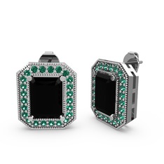 Esinti Dikdörtgen Küpe - Siyah zirkon ve yeşil kuvars 8 ayar beyaz altın küpe #1kfny3b