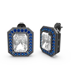 Esinti Dikdörtgen Küpe - Beyaz zirkon ve lab safir 925 ayar siyah rodyum kaplama gümüş küpe #1mn363u