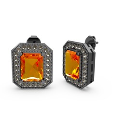 Esinti Dikdörtgen Küpe - Sitrin ve dumanlı kuvars 925 ayar siyah rodyum kaplama gümüş küpe #1p82snc