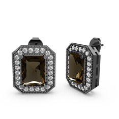Esinti Dikdörtgen Küpe - Dumanlı kuvars ve beyaz zirkon 925 ayar siyah rodyum kaplama gümüş küpe #1pwtuzf