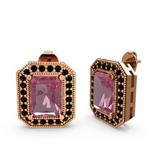 Pembe kuvars ve siyah zirkon 14 ayar rose altın küpe