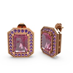 Esinti Dikdörtgen Küpe - Pembe kuvars ve ametist 8 ayar rose altın küpe #1t60cac