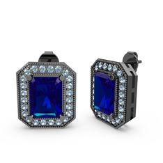 Esinti Dikdörtgen Küpe - Lab safir ve akuamarin 925 ayar siyah rodyum kaplama gümüş küpe #2od3wn