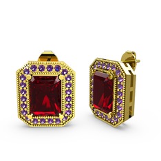 Esinti Dikdörtgen Küpe - Garnet ve ametist 8 ayar altın küpe #387avr