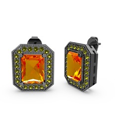 Esinti Dikdörtgen Küpe - Sitrin ve peridot 925 ayar siyah rodyum kaplama gümüş küpe #3cu4vc