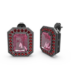 Esinti Dikdörtgen Küpe - Pembe kuvars ve garnet 925 ayar siyah rodyum kaplama gümüş küpe #9slaab