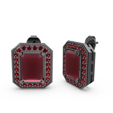 Esinti Dikdörtgen Küpe - Kök yakut ve garnet 925 ayar siyah rodyum kaplama gümüş küpe #bil49e