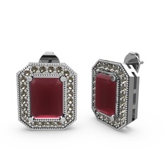 Kök yakut ve dumanlı kuvars 14 ayar beyaz altın küpe