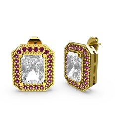 Beyaz zirkon ve rodolit garnet 8 ayar altın küpe