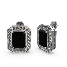 Esinti Dikdörtgen Küpe - Siyah zirkon ve dumanlı kuvars 8 ayar beyaz altın küpe #ekc8f4