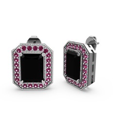 Esinti Dikdörtgen Küpe - Siyah zirkon ve rodolit garnet 8 ayar beyaz altın küpe #gvlpfi