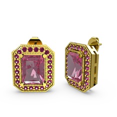 Pembe kuvars ve rodolit garnet 18 ayar altın küpe