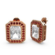 Beyaz zirkon ve garnet 18 ayar rose altın küpe