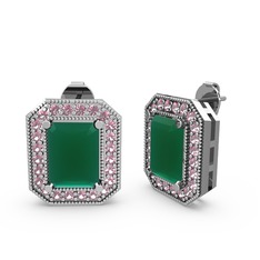 Esinti Dikdörtgen Küpe - Kök zümrüt ve pembe kuvars 8 ayar beyaz altın küpe #j9jy6f