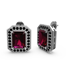 Esinti Dikdörtgen Küpe - Rodolit garnet ve siyah zirkon 18 ayar beyaz altın küpe #po35lc